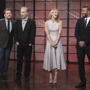 The Late Late Show With James Corden, from left: James Corden, Bob Odenkirk, Claire Danes, David Beckham, 03/23/2015, ©CBS