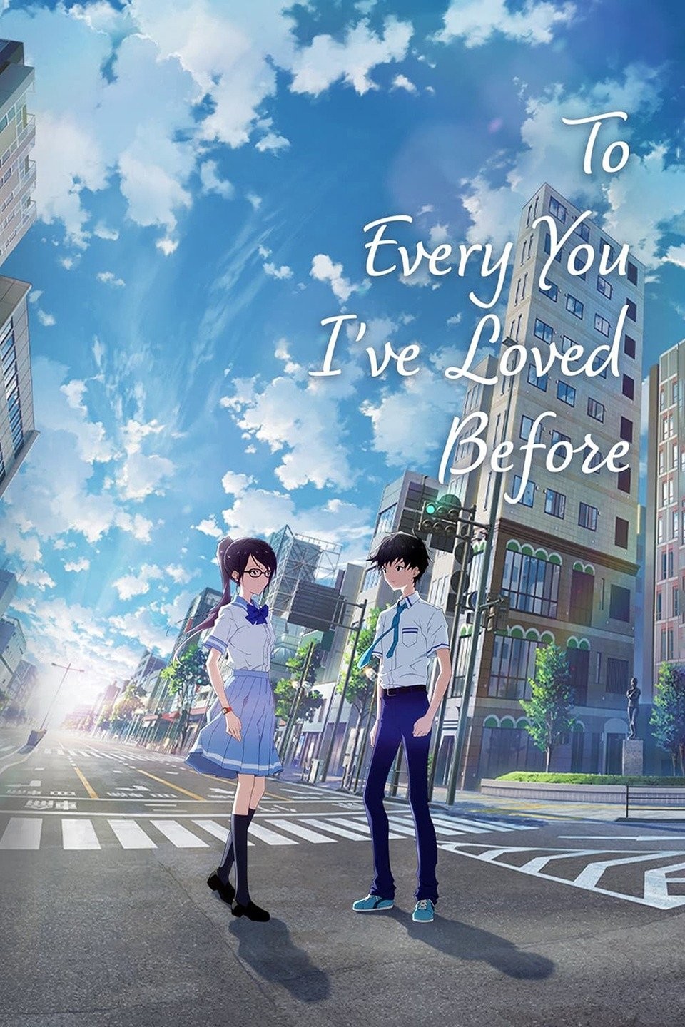 To Every You I've Loved Before promotional artwork with two school students facing each other on a sunny blue-sky city street