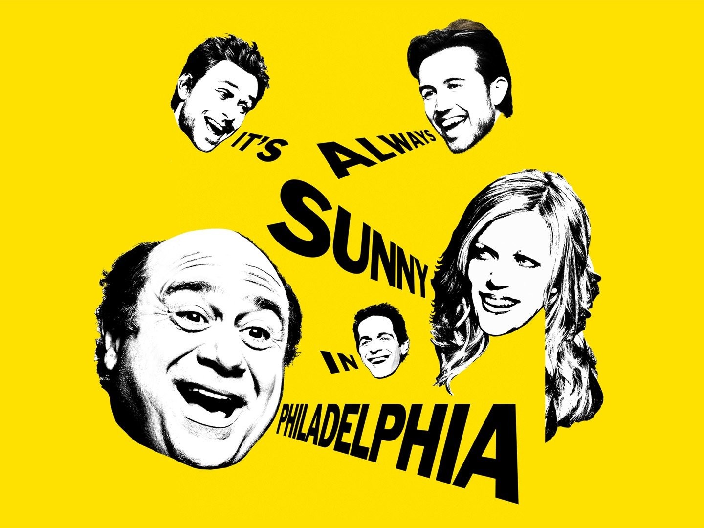 Season 2 key art for It's Always Sunny in Philadelphia featuring Danny DeVito and the original core cast as floating illustrated heads.