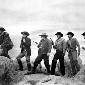 THE DOOLINS OF OKLAHOMA, from right: Randolph Scott, Noah Beery Jr., Charles Kemper, Frank Fenton, Jock Mahoney, John Ireland, 1949