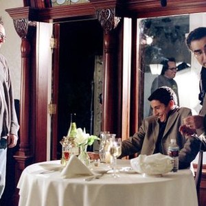 AMERICAN WEDDING, Jesse Dylan (director), Jason Biggs, Eugene Levy, on set, 2003, (c) Universal