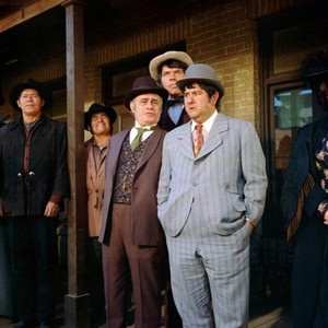 THE GOOD GUYS AND THE BAD GUYS, center to right: Martin Balsam (in vest), dick Peabody (rear), Buddy Hackett (hands in pockets), 1969