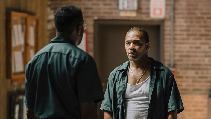 Divine G (Colman Domingo, L) and Divine Eye (Clarence Maclin) are two very different kinds of prisoners who struggle to reach an understanding in their theater company, in "Sing Sing." (Elevation Pictures/A24)