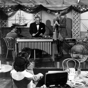THE BENNY GOODMAN STORY, Teddy Wilson (piano), Lionel Hampton (vibes), Steve Allen, Gene Krupa (drums), Donna Reed (back to camera), 1956