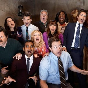 Nick Offerman, Aubrey Plaza, Aziz Ansari, Adam Scott, Amy Poehler, Jim O'Heir, Rashida Jones, Chris Pratt, Retta and Rob Lowe (from left)