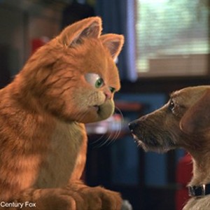Garfield confronts Odie, a friendly pooch whom the feline sees as an annoying interloper.