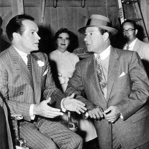 BEAU JAMES, from left: Bob Hope, George Jessel, chatting between scenes, on set, 1957