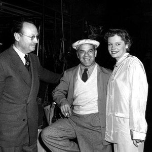 HERE COMES THE GROOM, Paramount's British chief James Perkins visits director Frank Capra, Alexis Smith on set, 1951