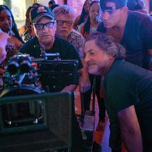 MAGIC MIKE XXL, cinematographer Steven Soderbergh (front left), producer Channing Tatum (top right), director/producer Gregory Jacobs (bottom right), on set, 2015. ph: Claudette Barius/©Warner Bros. Pictures