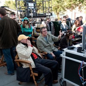 THE OTHER GUYS, director of photography Oliver Wood (seated, left), director Adam McKay (hand raised), on set, 2010.  ph: Macall B. Polay/©Columbia Pictures