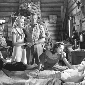 SPOILERS OF THE NORTH, from left: Harlan Briggs, Evelyn Ankers, James Millican, Lorna Gray (as Adrian Booth), Paul Kelly, 1947