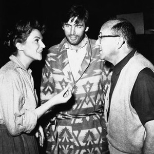 THE JAYHAWKERS, from left: Nicole Maurey, Fess Parker, director Melvin Frank on set, 1959