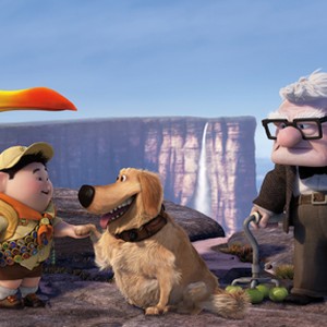 (L-R) Kevin, Russell, Dug and Carl in "Up."