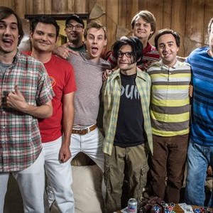 The Birthday Boys, from left: Mike Hanford, Tim Kalpakis, Chris VanArtsdalen, Dave Ferguson, Corey Feldman, Jefferson Dutton, Matt Kowalick, Mike Mitchell, 'Season Finale', Season 2, Ep. #10, 12/19/2014, ©IFC