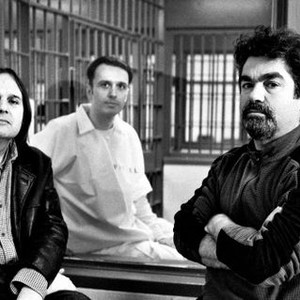 PARADISE LOST 3: PURGATORY, from left on death row in 2009: director Joe Berlinger, Damien Wayne Echols, director Bruce Sinofsky, 2011. ph: Bob Richman/©HBO Films