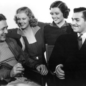 WIFE VS. SECRETARY, director Clarence Brown, Jean Harlow, Myrna Loy, Clark Gable on set, 1936