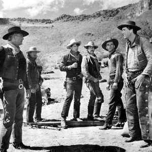 RED RIVER, from left: John Wayne, Dan White, John Ireland, Paul Fix, Montgomery Clift, Ray Hyke, Tom Tyler, 1948