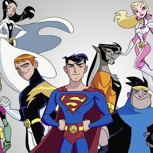 Phantom Girl (left) and Saturn Girl (top); Brainiac 5, Lightning Lad, Superman, Timber Wolf and Bouncing Boy (bottom row, from left)