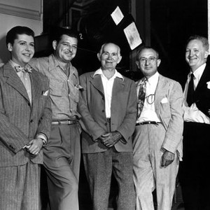 HERE COMES TROUBLE, William Tracy, Producer-Director Fred Guiol, Dr. DeForest, cameraman John Boyle and Joe Sawyer on set, 1948