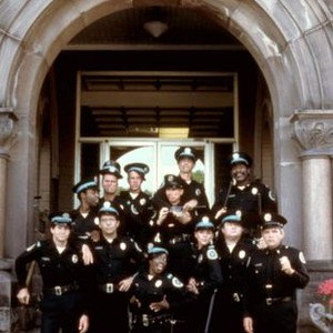 POLICE ACADEMY 2: THEIR FIRST ASSIGNMENT, (back left): Michael Winslow, Bubba Smith (back right), (front l-r): Steve Guttenberg, Bruce Mahler, Marion Ramsey, Peter Van Norden (second from right), G.W. Bailey, 1984, (c)Warner Bros