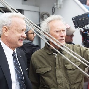 SULLY, l-r: Tom Hanks (as Chesley Sullenberger), director Clint Eastwood on set, 2016. ph: Keith Bernstein/©Warner Bros. Pictures