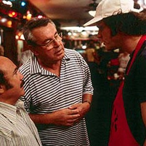 Danny DeVito, director Milos Forman and Jim Carrey on the set of Universal's Man On The Moon