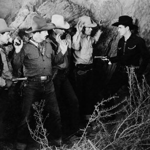 FEUD OF THE RANGE, from left: Budd Buster, Charles King, Victor Adamson, Carl Mathews, Bob Steele, 1939