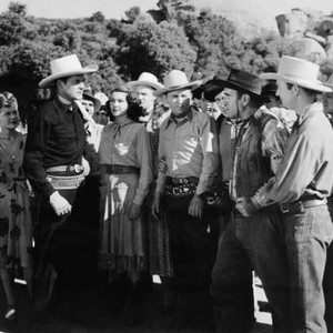SUNDOWN VALLEY, first, second, third, fourth, fifth and seventh from  front left: Dub Taylor,  Grace Lenard, Charles  Starrett, Jeanne Bates,  Jimmy Wakely, Clancy Cooper, 1944