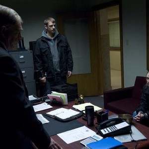 The Killing, Garry Chalk (L), Joel Kinnaman (C), Mireille Enos (R), 'The Cage', Season 1, Ep. #2, 04/03/2011, ©AMC