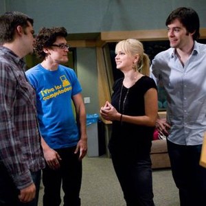 CLOUDY WITH A CHANCE OF MEATBALLS, director Phil Lord, director Chris Miller, Anna Faris, Bill Hader, on set, 2009. ©Sony Pictures