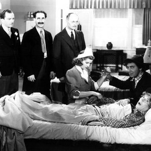 ROOM SERVICE, Groucho Marx (third from left), Lucille Ball, Chico Marx, Harpo Marx, 1938