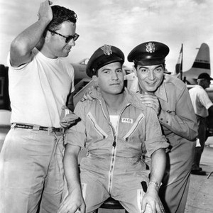 AIR CADET, from left: makeup artist Frank Westmore, Lieutenant Gordon Cruikshanks (Air Base Public Information Officer), Stephen McNally, on location, Williams Field, Arizona, 1951