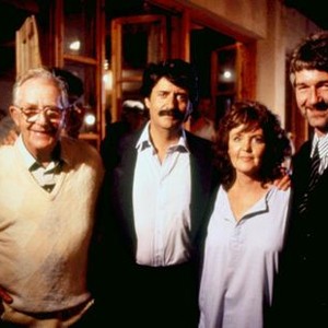 SHIRLEY VALENTINE, director Lewis Gilbert, Tom Conti, Pauline Collins, screenwriter Willy Russell, on set, 1989. ©Paramount Pictures