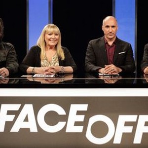 Face Off, from left: Glenn Hetrick, Ve Neill, Neville Page, John Rhys-Davies, 'Make It Reign', Season 4, Ep. #1, 01/15/2013, ©SYFY