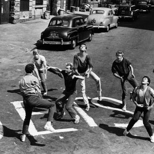 WEST SIDE STORY, Russ Tamblyn (back to camera), Eliot Feld (rear left), David Winters ((arms outstretched), Tony Mordente (second from right), 1961