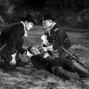THE MAN BEHIND THE GUN, from left: Philip Carey, Douglas Fowley, Randolph Scott, 1953