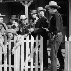 THE MYSTERIOUS RIDER, first, second, third, fourth, sixth and seventh from left: Jack Ingram, Al St John, Frank Ellis, Kermit Maynard, John Merton, Buster Crabbe, 1942