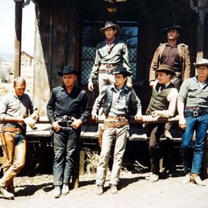 THE MAGNIFICENT SEVEN, Steve McQueen, Yul Brynner, James Coburn, Horst Buchholz, Brad Dexter (top), Robert Vaughn, Charles Bronson, 1960