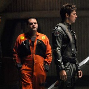 Battlestar Galactica, Michael Hogan (L), Aaron Douglas (C), Jamie Bamber (R), 'Season 4', ©BBCAMERICA