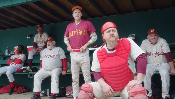 (L–R) Preston Red (Jeff Saint-Dic), Graham Morris (Stephen Radochia), Chuck Poleen (Theodore Bouloukos), Franny (Cliff Blake), Clark (Paul Kandarian), Bobby Crompton (Brendan Burt) are Adler's Paint baseball team, in "Eephus." (Music Box Films)