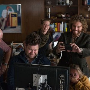 OFFICE CHRISTMAS PARTY, from left: Producer Beau Bauman, director Josh Gordon, T.J. Miller, director Will Speck, on set, 2016. ph: Glen Wilson/©Paramount Pictures