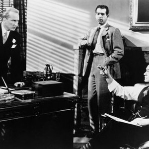 DOUBLE INDEMNITY, from left, Richard Gaines, Fred MacMurray, Edward G. Robinson, 1944