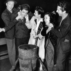 HIT THE ROAD, from left, Huntz Hall, Elsie Hall, (Huntz's wife), Billy Halop, Ethel Dell, (Gabriel's sister), Gabriel Dell, clowning around on-set, 1941