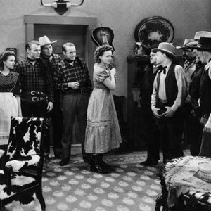 SHINE ON HARVEST MOON, first, second, third, fifth, sixth, seventh, eighth and eleventh from left: William Farnum, Mary Hart, Roy Rogers, Scott Wiseman, Myrtle Wiseman, Frank Jaquet, Stanley Andrews, Joe Whitehead, 1938