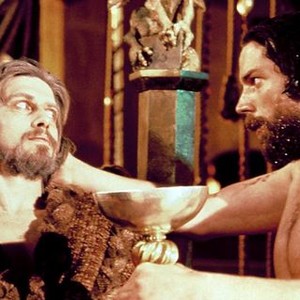 EXCALIBUR, Nigel Terry (left) as King Arthur, Paul Geoffrey (right) as Perceval, holding the Holy Grail, 1981, (c) Orion