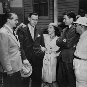 THE BEGINNING OR THE END, journalist Frank Coniff, author Robert Considine, Beverly Tyler, Tom Drake, director Norman Taurog, on-set, 1947
