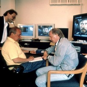 DAS BOOT, (L-R), Ortwin Freyermuth (Producer), Hannes Nikel (Editor), Wolfgang Petersen (Director), in 1997, editing the director's cut of the film, originally made in 1981.  ©Columbia Pictures. Courtesy:
