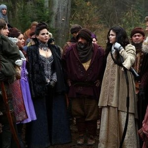 Once Upon a Time, from left: Faustino di Bauda, Raphael Alejandro, Emilie De Ravin, Lana Parrilla, Lee Arenberg, Ginnifer Goodwin, Miguelito Macario, Joshua Dallas, Michael Raymond-James, 'Witch Hunt', Season 3, Ep. #14, 03/16/2014, ©ABC