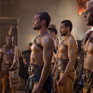 Spartacus, Peter Mensah (L), Andy Whitfield (C), Jai Courtney (R), 'Party Favors', Season 1: Blood and Sand, Ep. #10, 03/26/2010, ©STARZPR