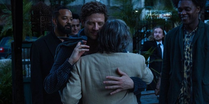 Nick Pearce (James Norton) embraces his dad, Peter Pearce (Griffin Dunne), at his bachelor party, in "Ex-Husbands." (Greenwich Entertainment)